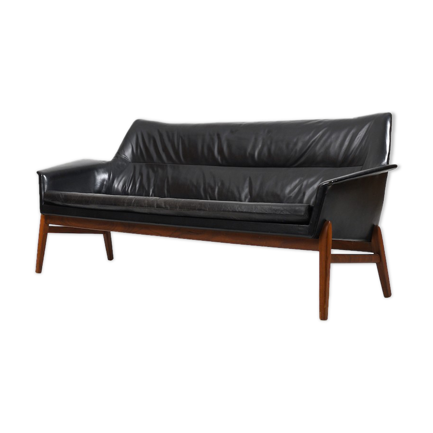 1950s Leather and Teak Wing Sofa by Ib Kofod-Larsen