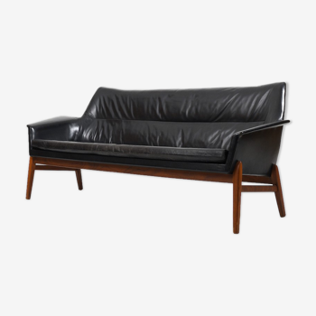 1950s Leather and Teak Wing Sofa by Ib Kofod-Larsen