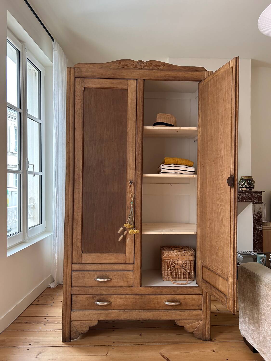 Art Deco style wardrobe in raw oak