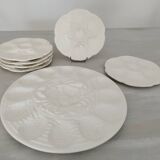 Oyster service dish and 6 plates barbotine earthenware sarreguemines ecru vintage