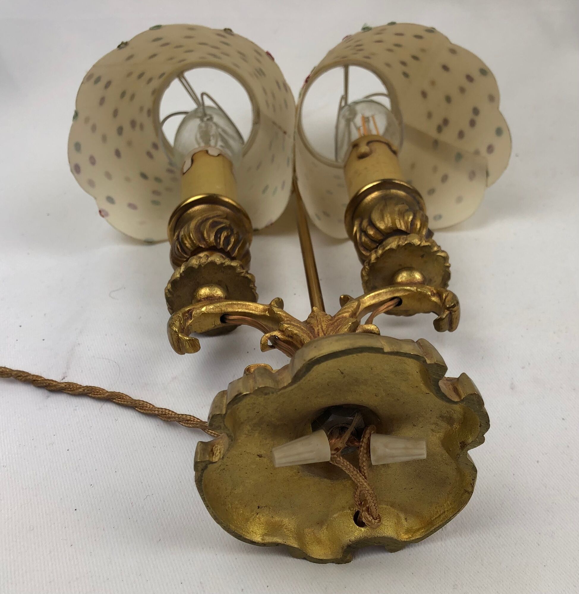Pair of antique hot water bottle lamps in gilded bronze
