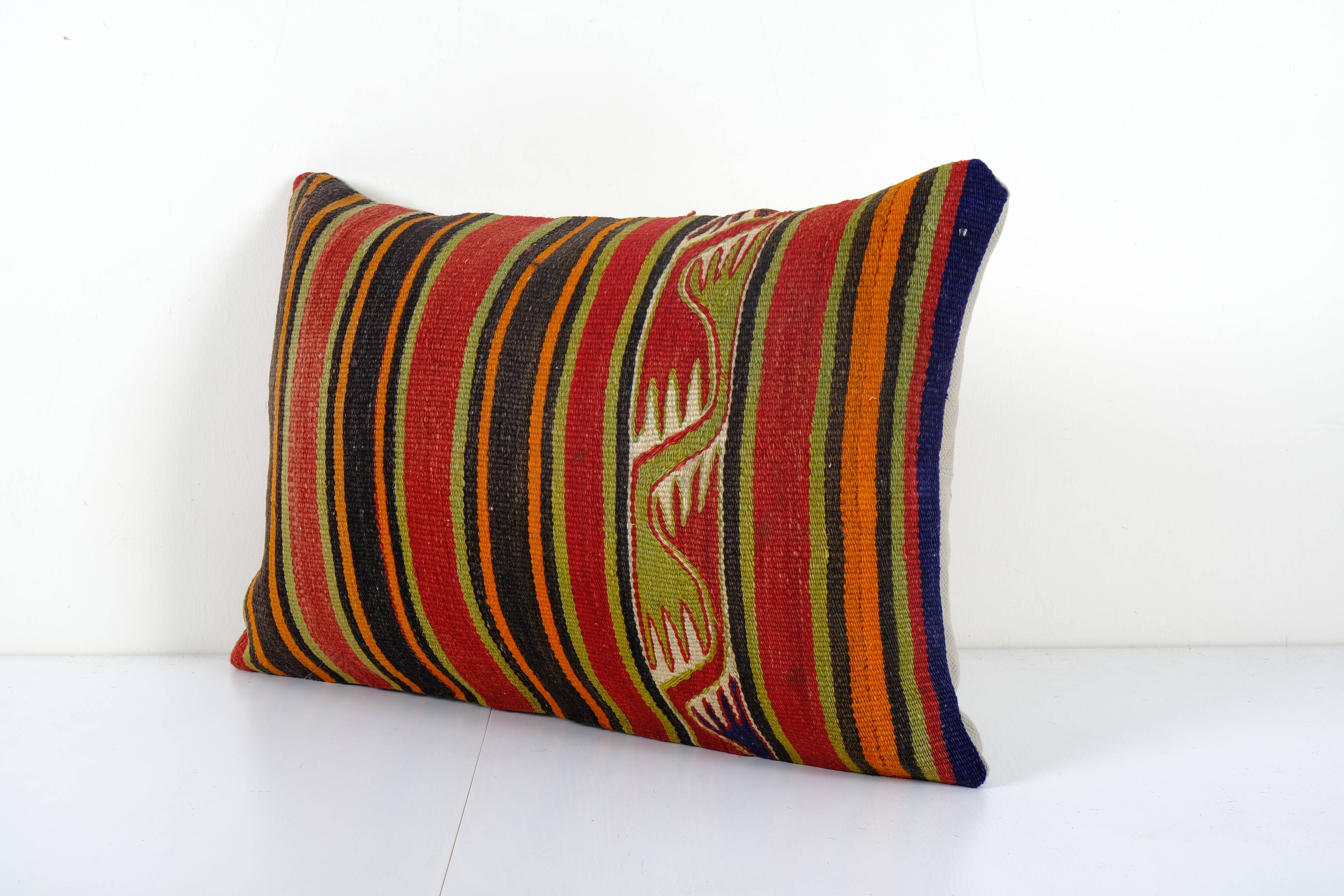 Striped Turkish Kilim Pillow Cover, Cottage Decor Kilim Lumbar Pillow Cover, Unique Patterned Throw