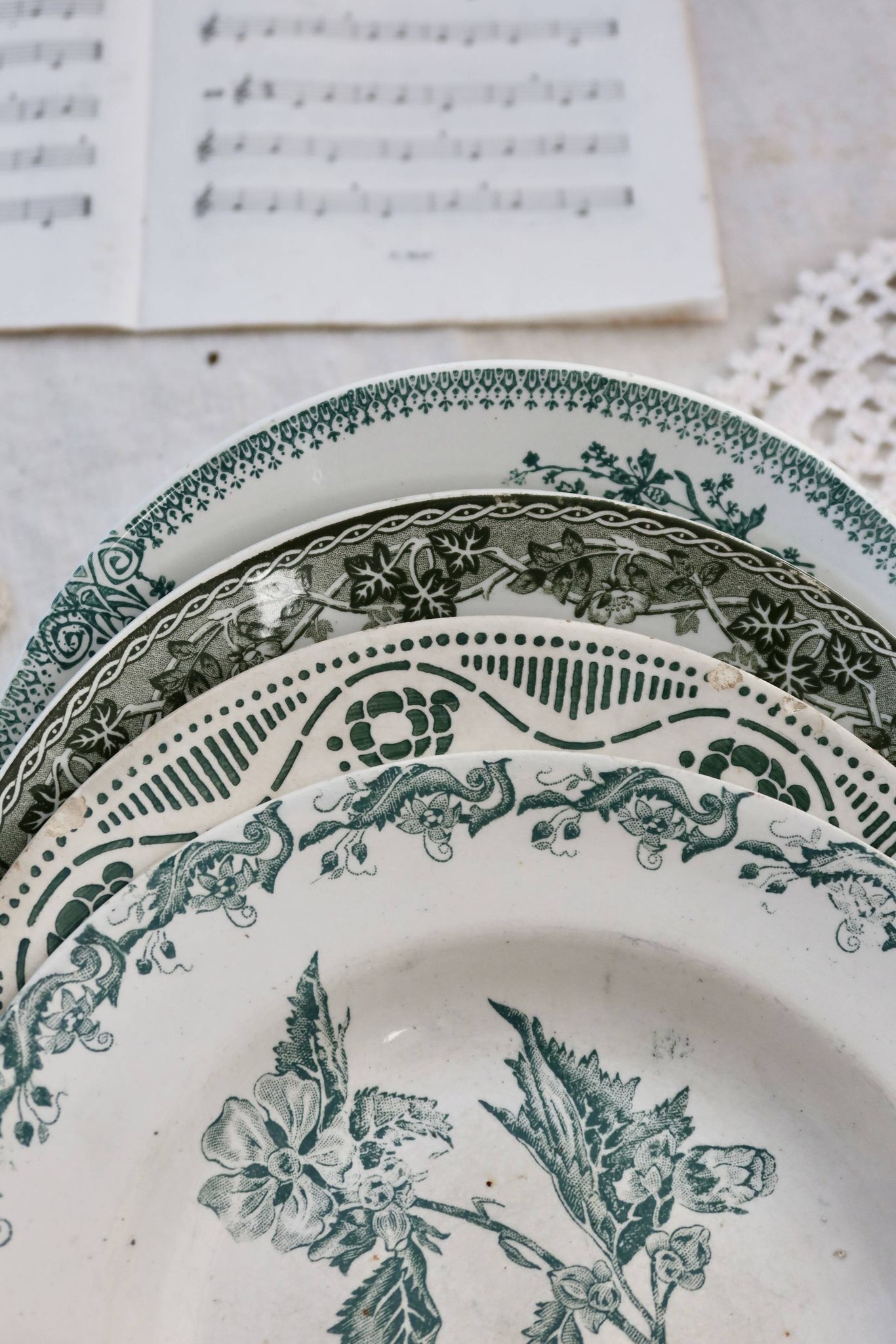 4 mismatched old green ironstone deep plates