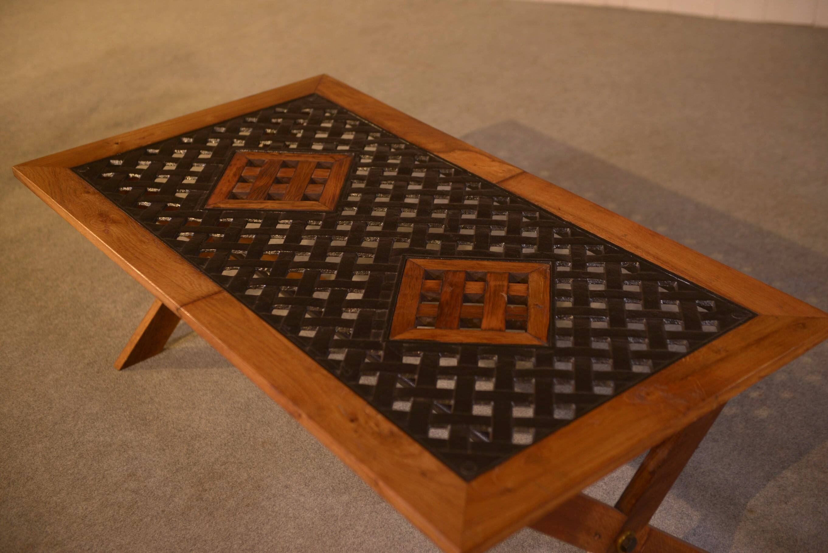 Antique oak and cast iron street furniture coffee table from the 1950s