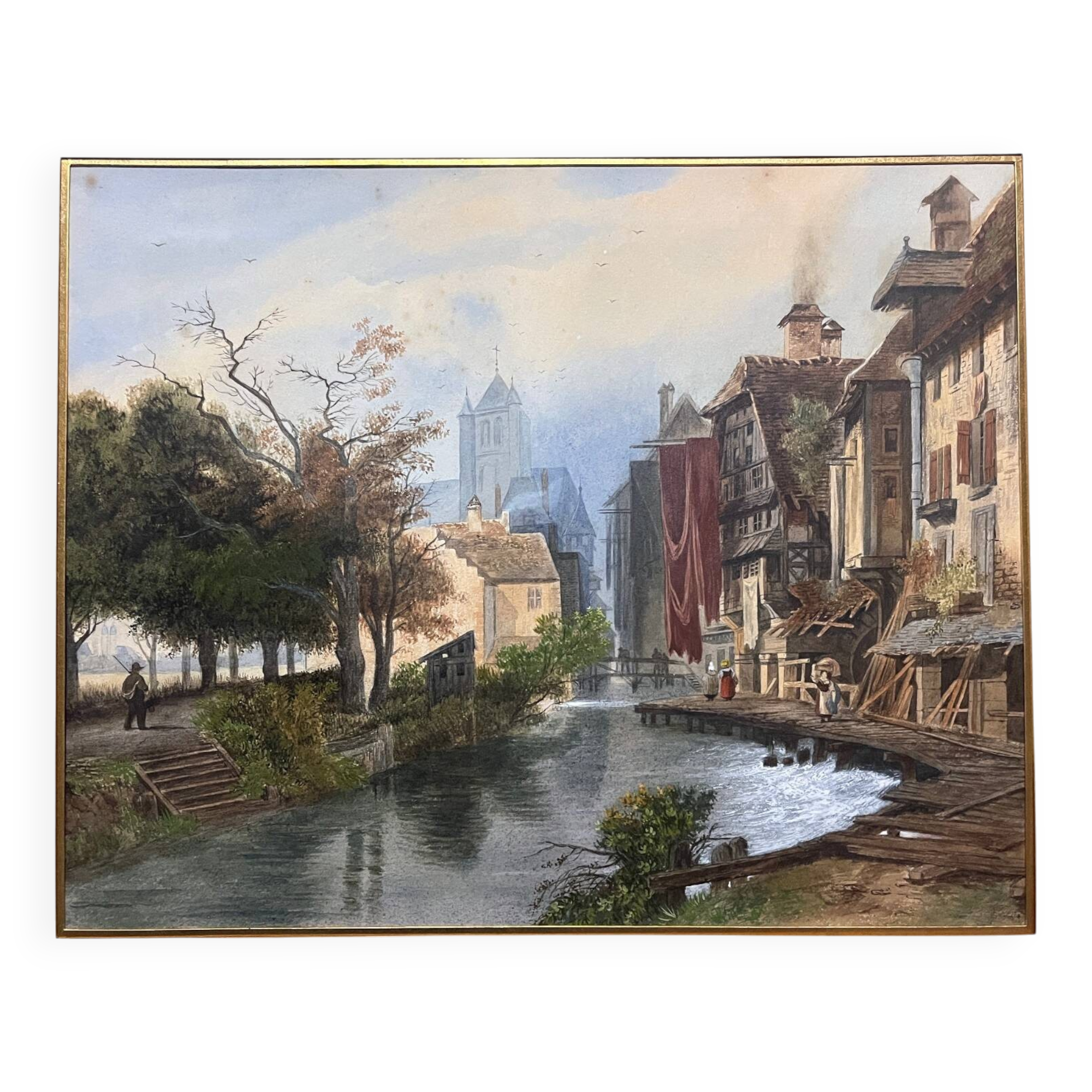 Large Watercolour Table XIX Century Tanneries District (Rouen?)