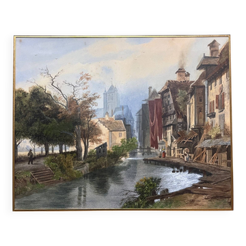Large watercolour table 19th century Tanneries district (Rouen?)