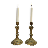 Pair of 19th century Louis XV style bronze candlesticks with arabesque rocaille candlestick