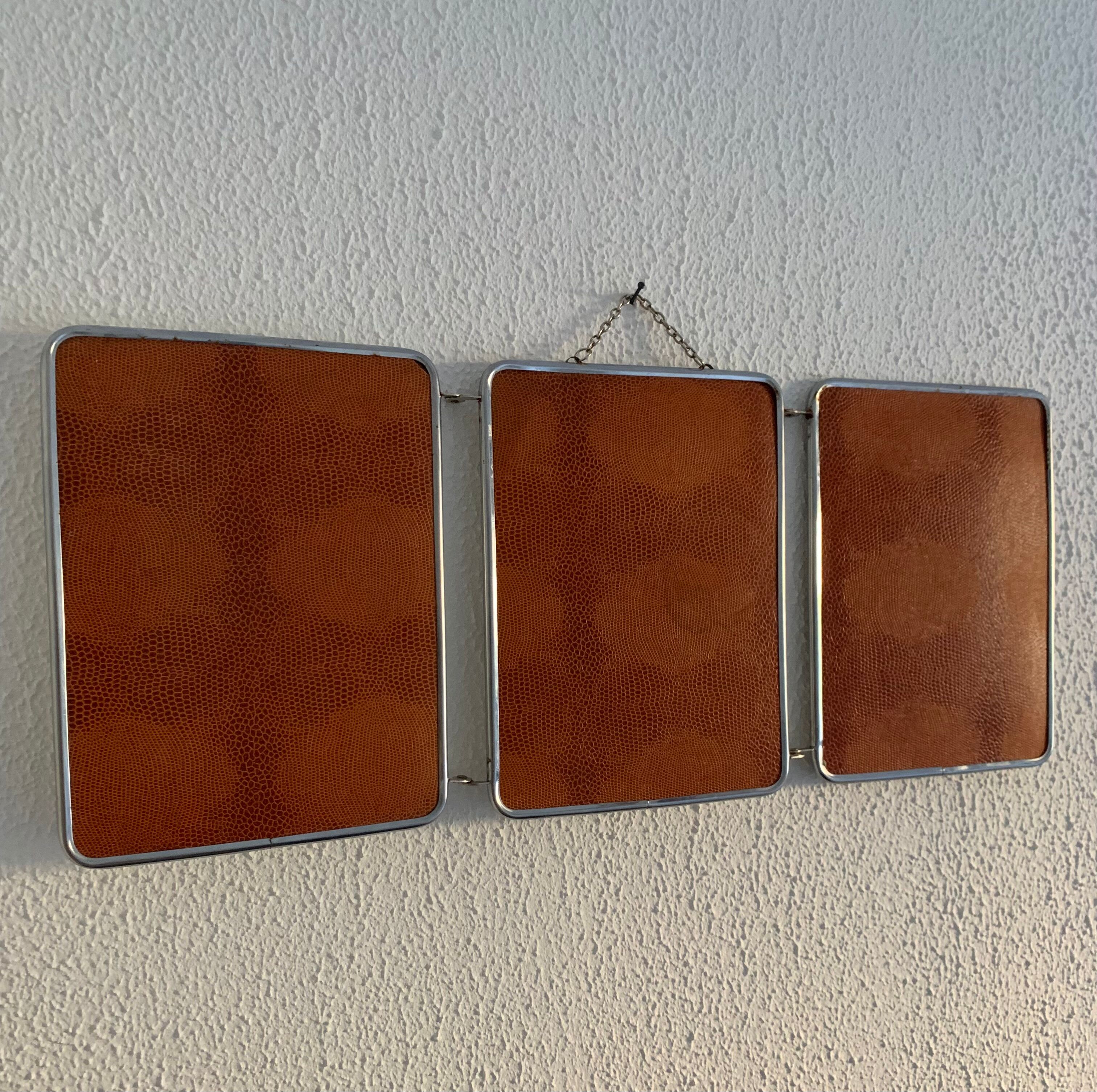 Mirror triptych barber orange rust vintage 1960 - 24 x 59 cm