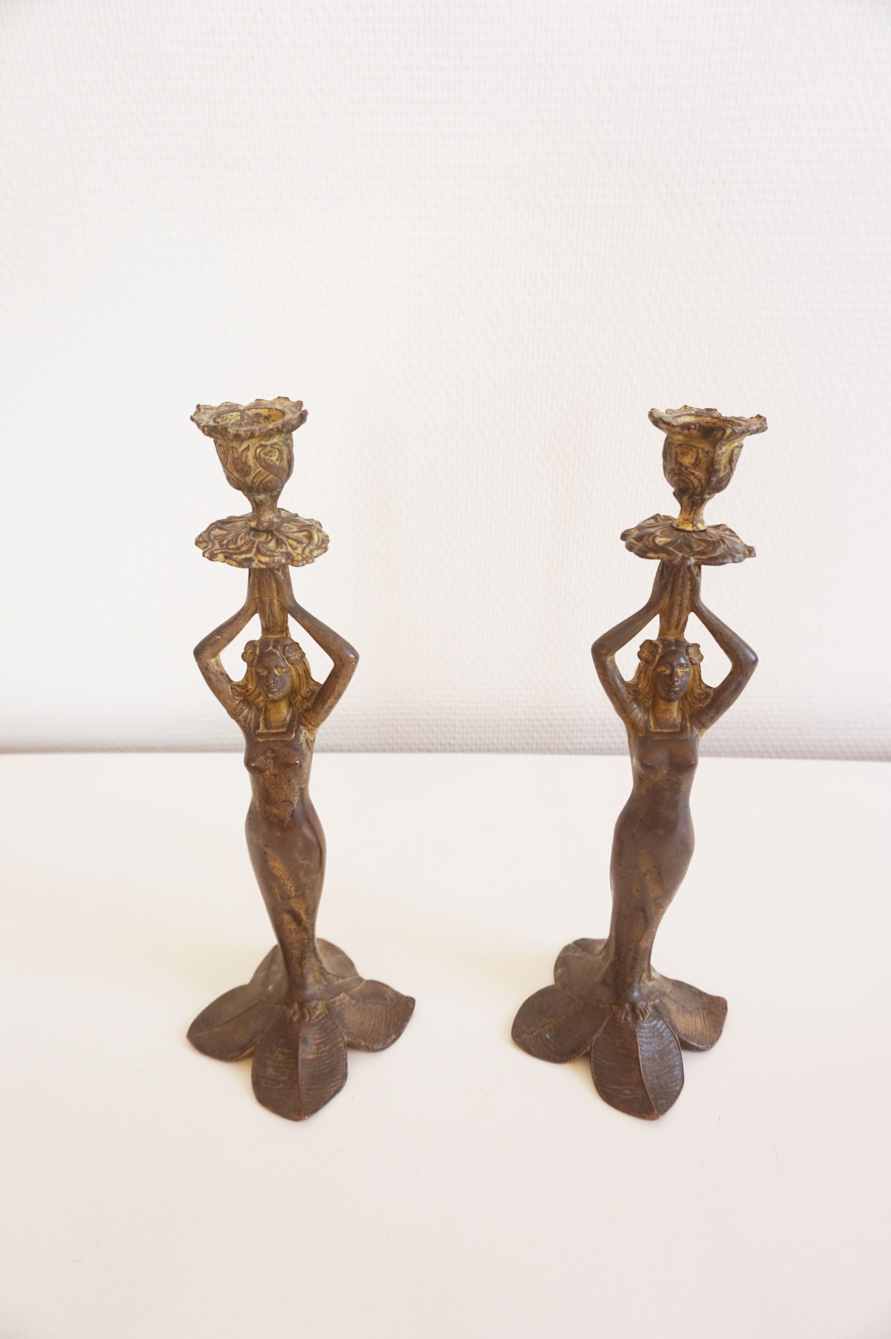 Pair of antique Mermaid candlesticks Art Nouveau
