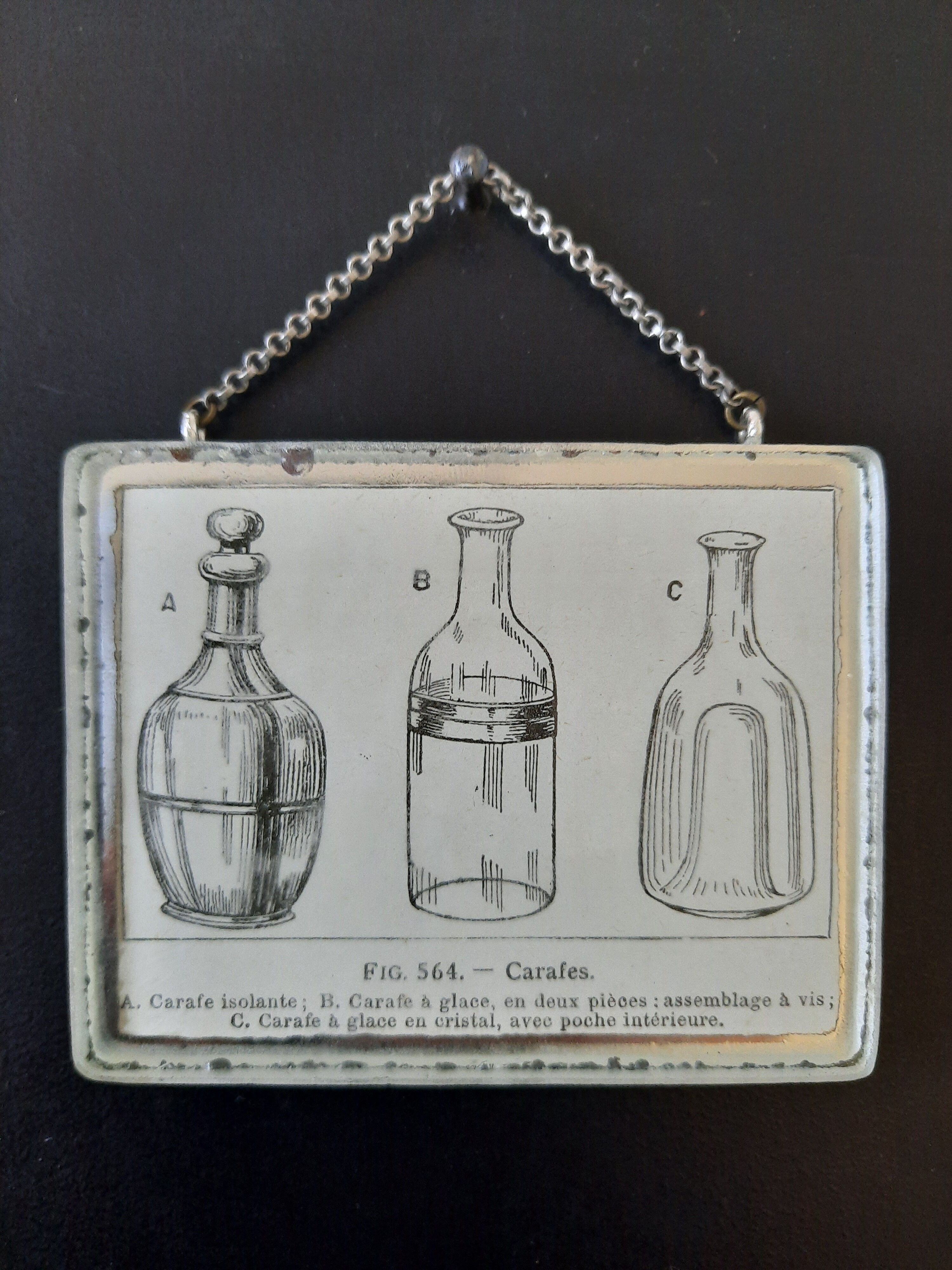 Old illustration "Carafes" inserted under mirror. Cabinet of Curiosity.