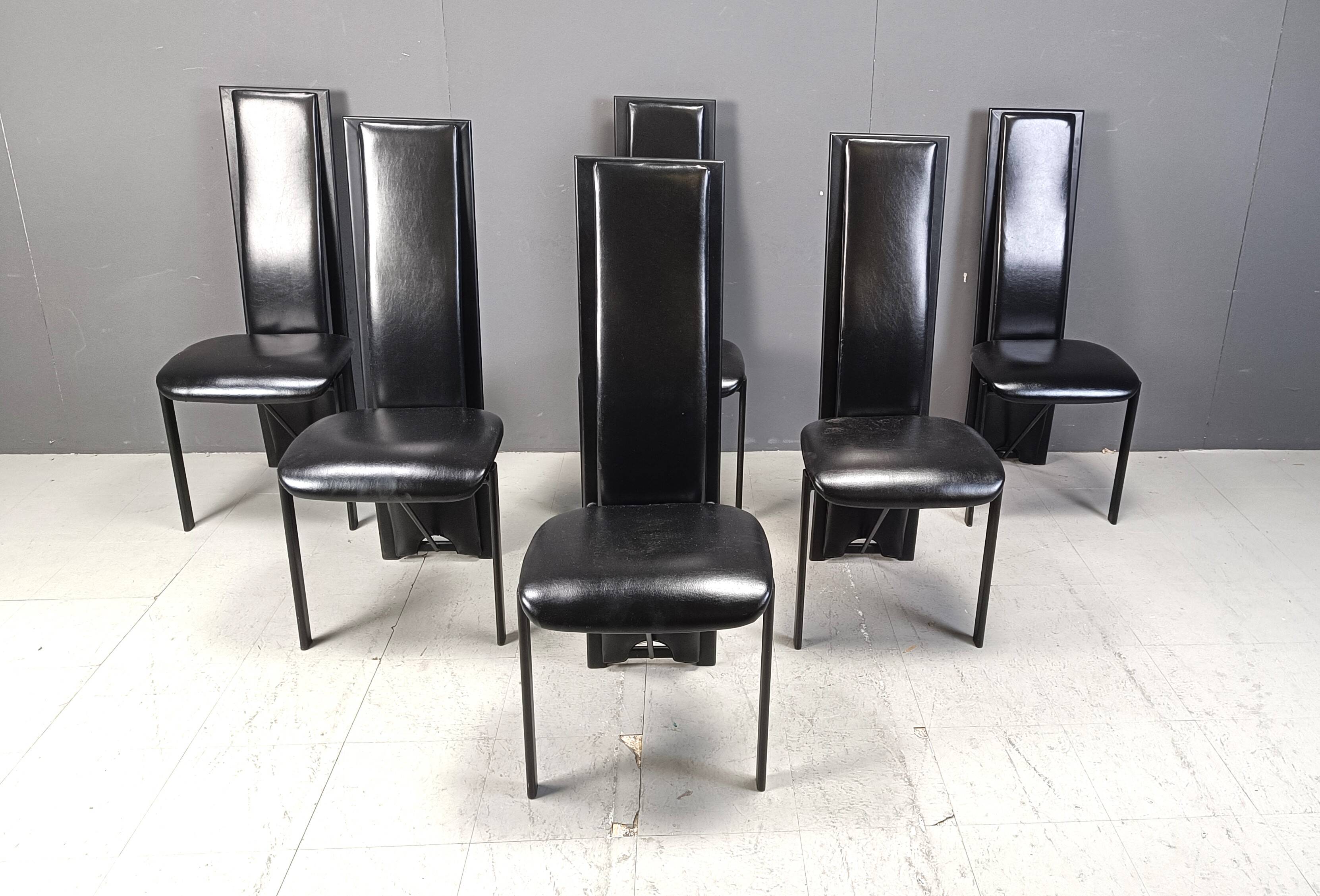 Chaises de salle à manger hautes en cuir noir vintage, lot de 6, années 1980