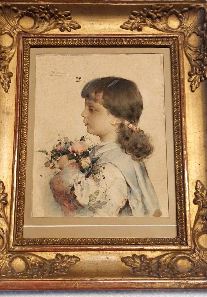 Watercolor on paper, portrait of a young girl, signed Alessandro Rontini, Florence (1854-1933)