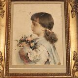 Watercolor on paper, portrait of a young girl, signed Alessandro Rontini, Florence (1854-1933)