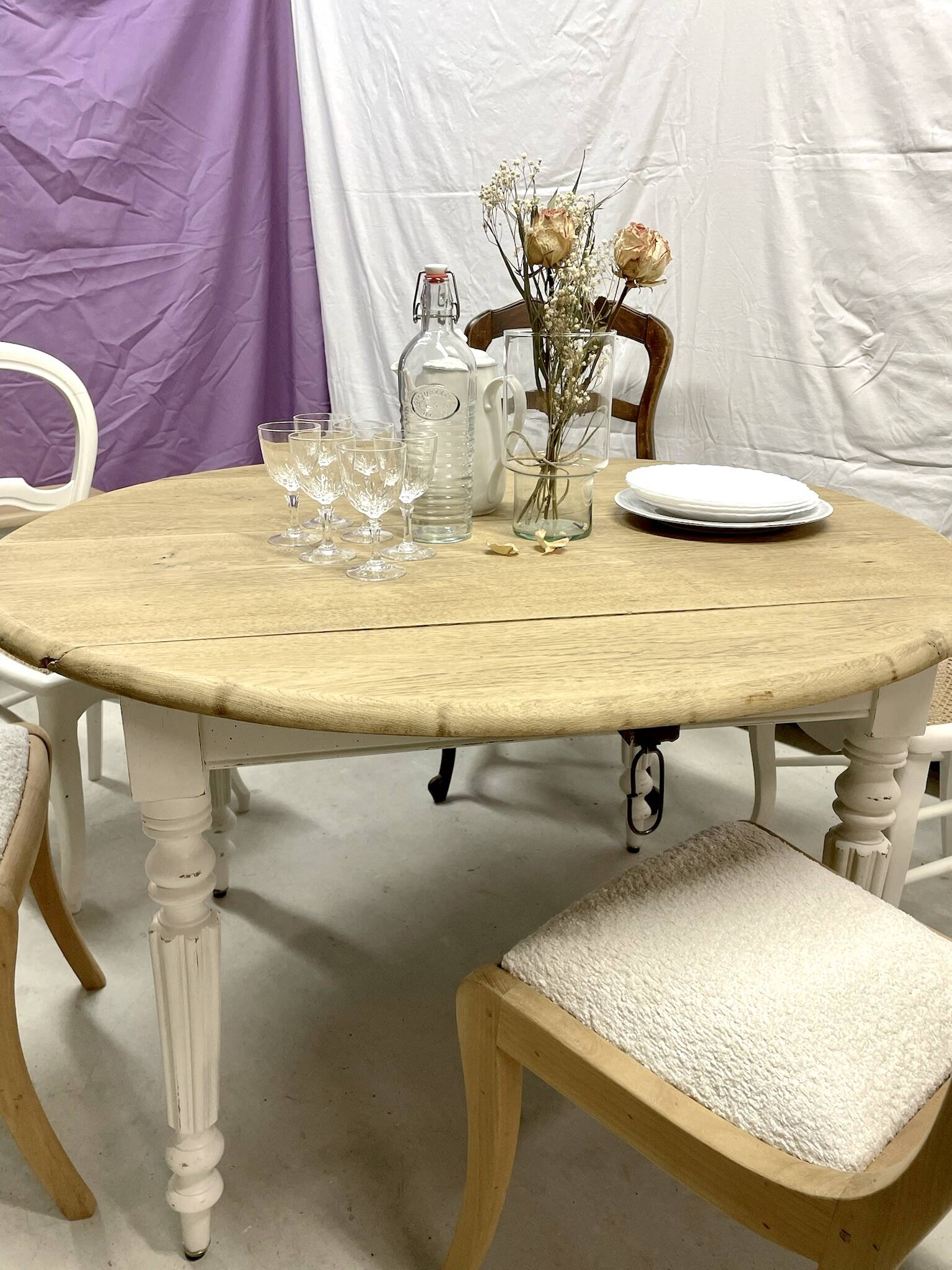 restored raw oak round table from yesteryear