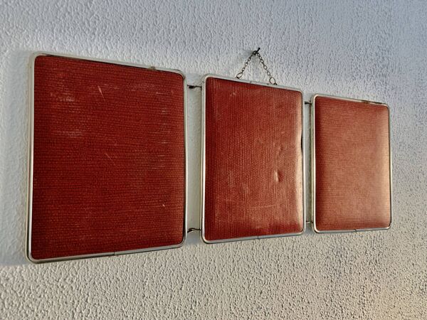 Miroir vintage 1950 triptyque barbier coiffeuse brique - 27 x 67 cm