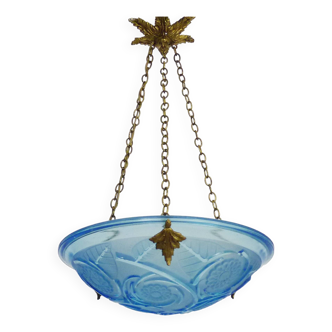 Old chandelier, Art Deco 1 light basin pendant light, in blue glass paste. Signed Vlieghe. 1930s