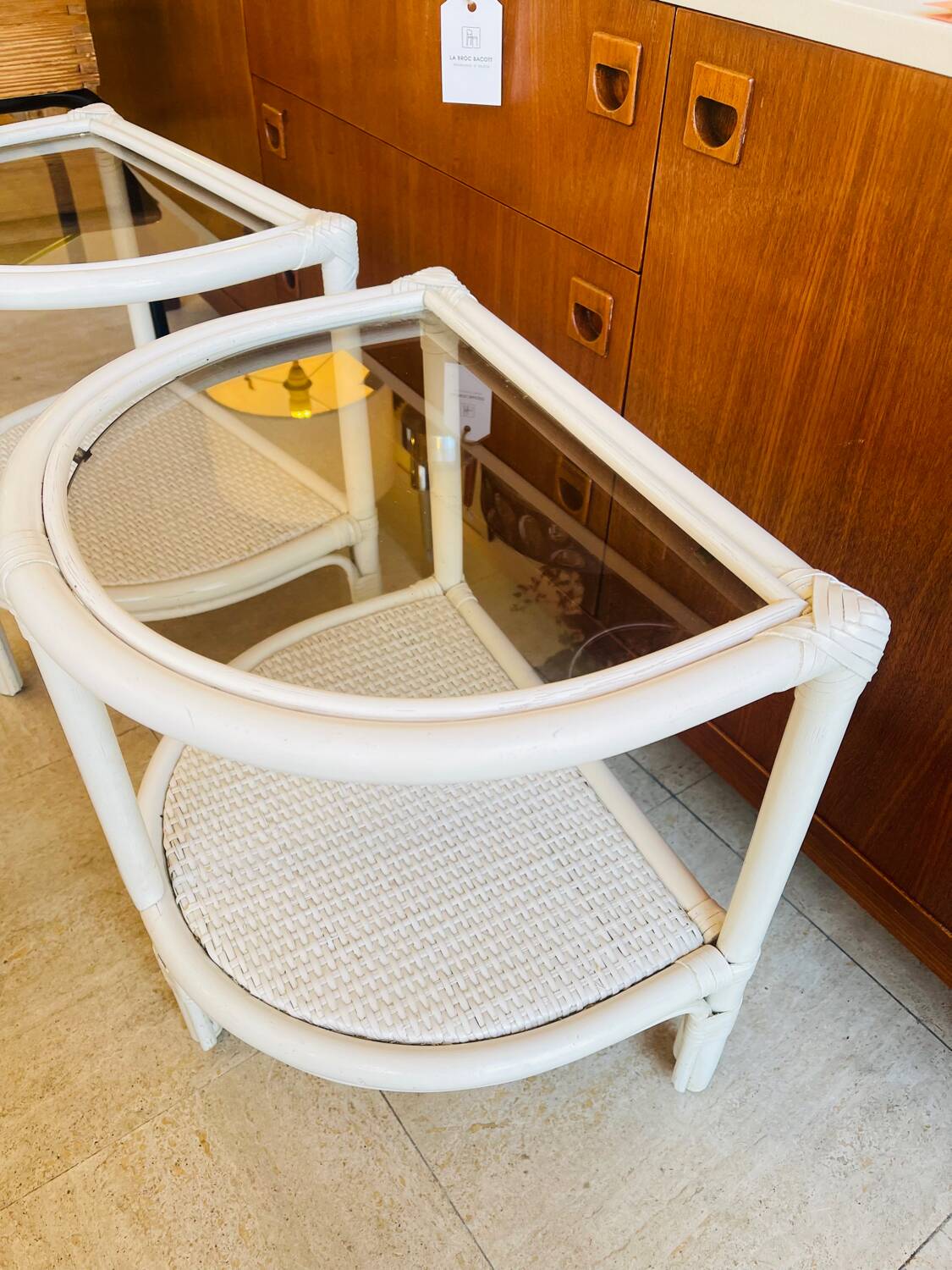 Pair of white rattan bedside tables – 1970s-80s
