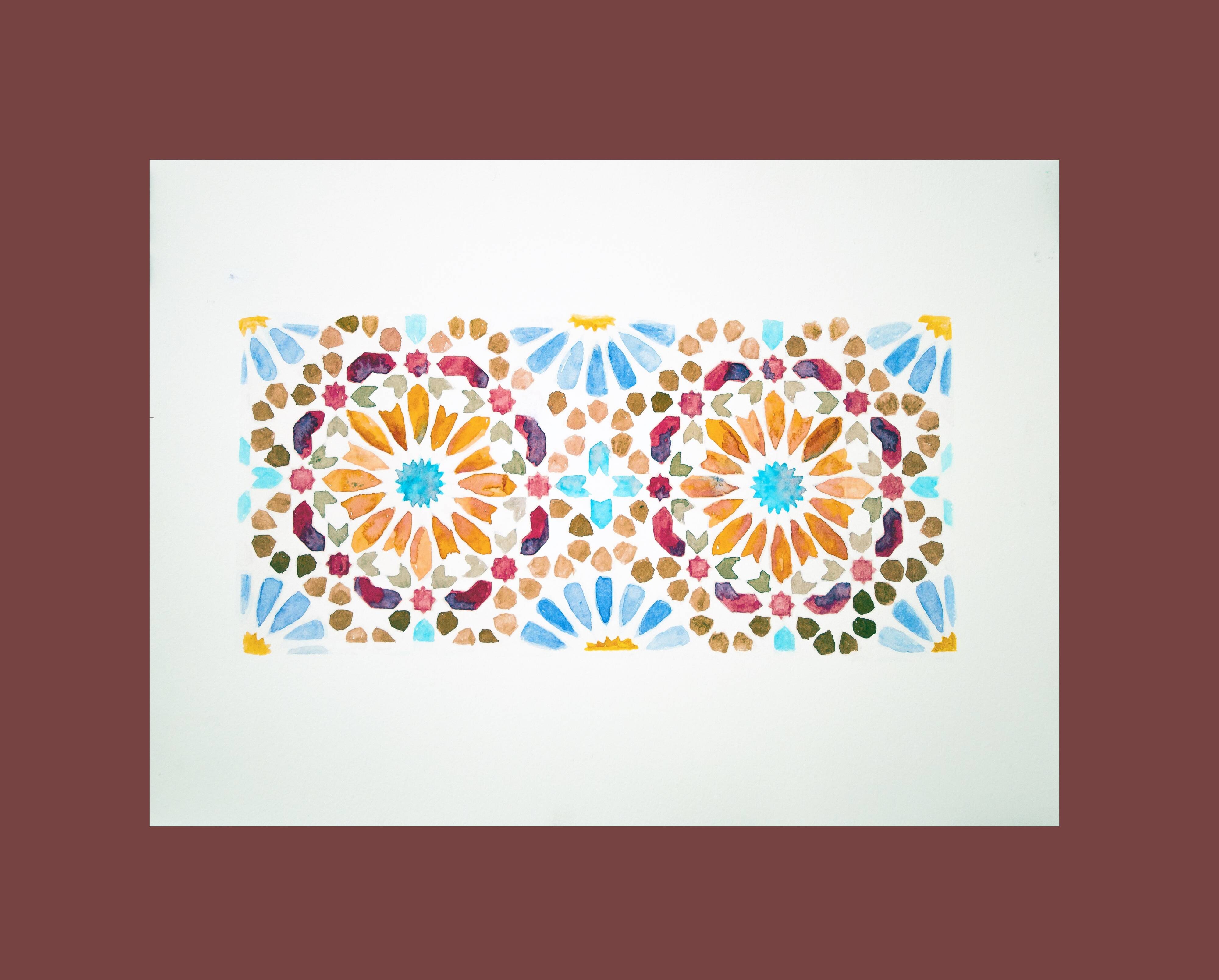 Original watercolor Arabic tile. Arabic tile painting. Watercolor Mozarabic pattern. Mozarabic pattern.