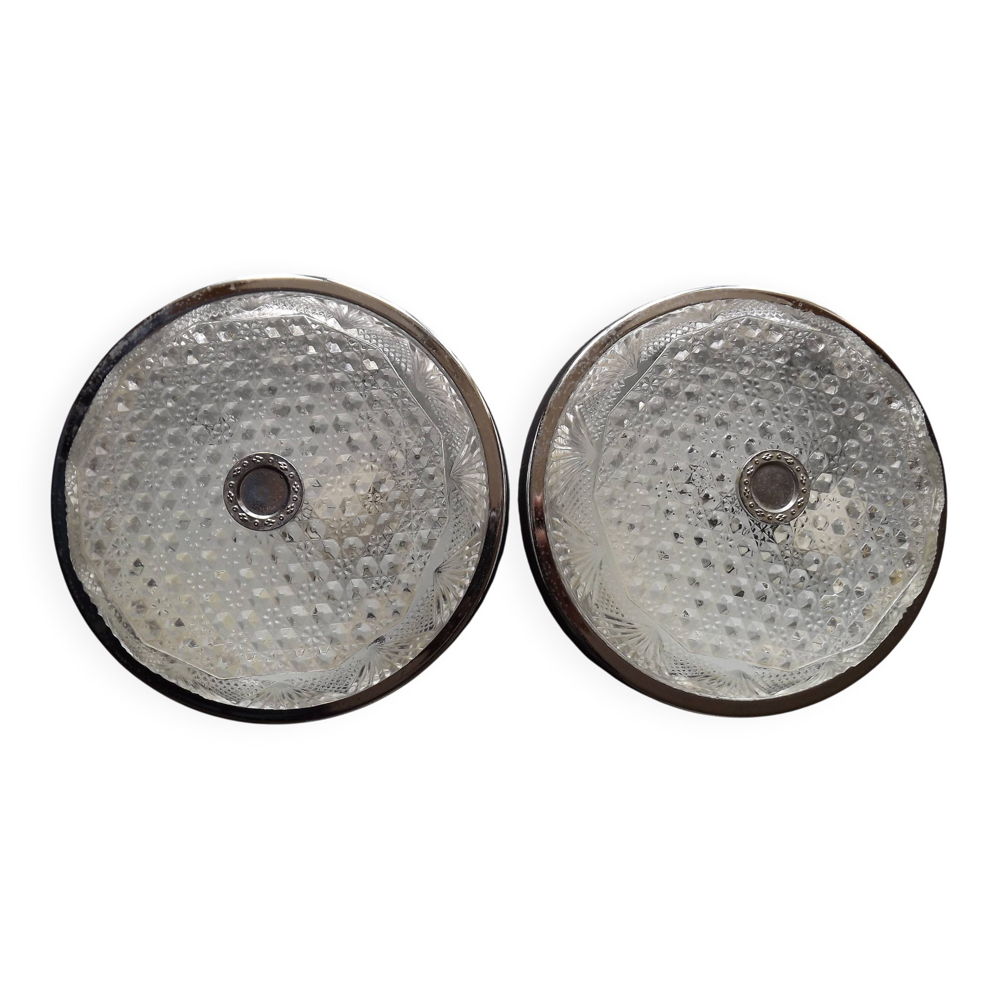 Pair of French Vintage Semi-Flush Cut Glass and Silver Metal Wall Lights