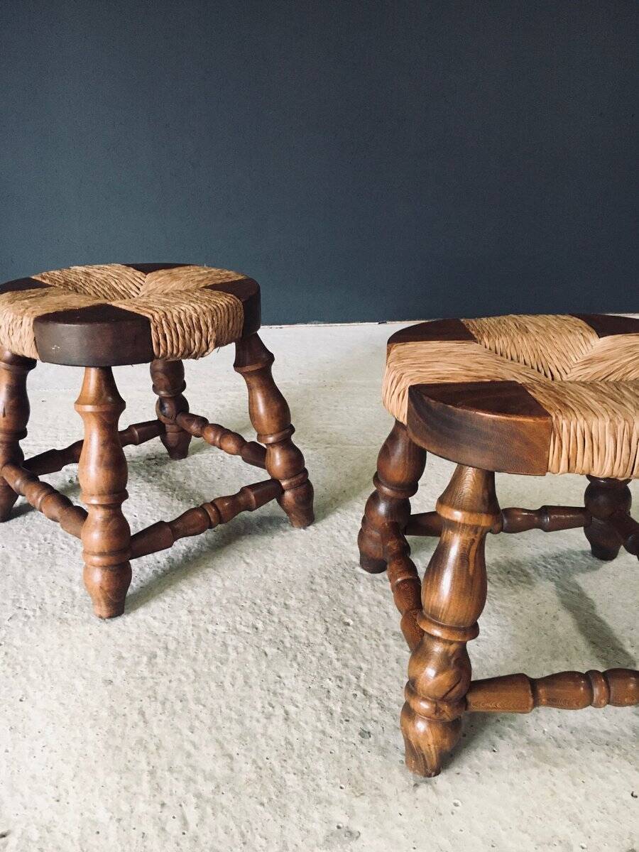 Rustic Low Oak and Rush Stools in the style of Charles Dudouyt, France, 1940s, Set of 2