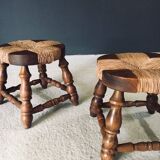Rustic Low Oak and Rush Stools in the style of Charles Dudouyt, France, 1940s, Set of 2