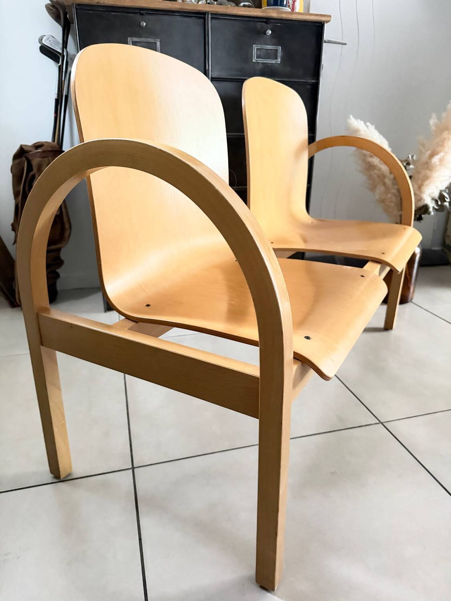 Vintage blonde wood two-seater bench by Baumann