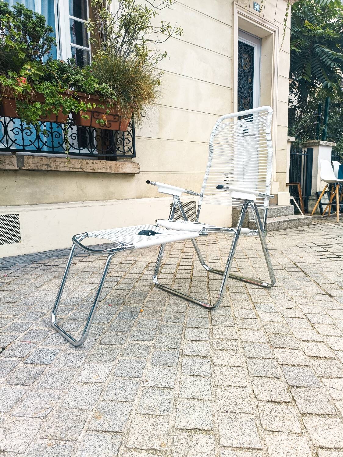 Armchair chaise longue adjustable deckchair with footrest spaghetti scoubidou