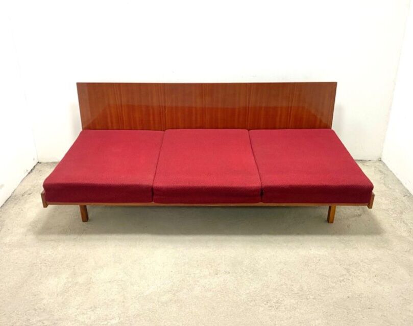 Beech sofa bed & red fabric by Drevotar Czech vintage 1960s