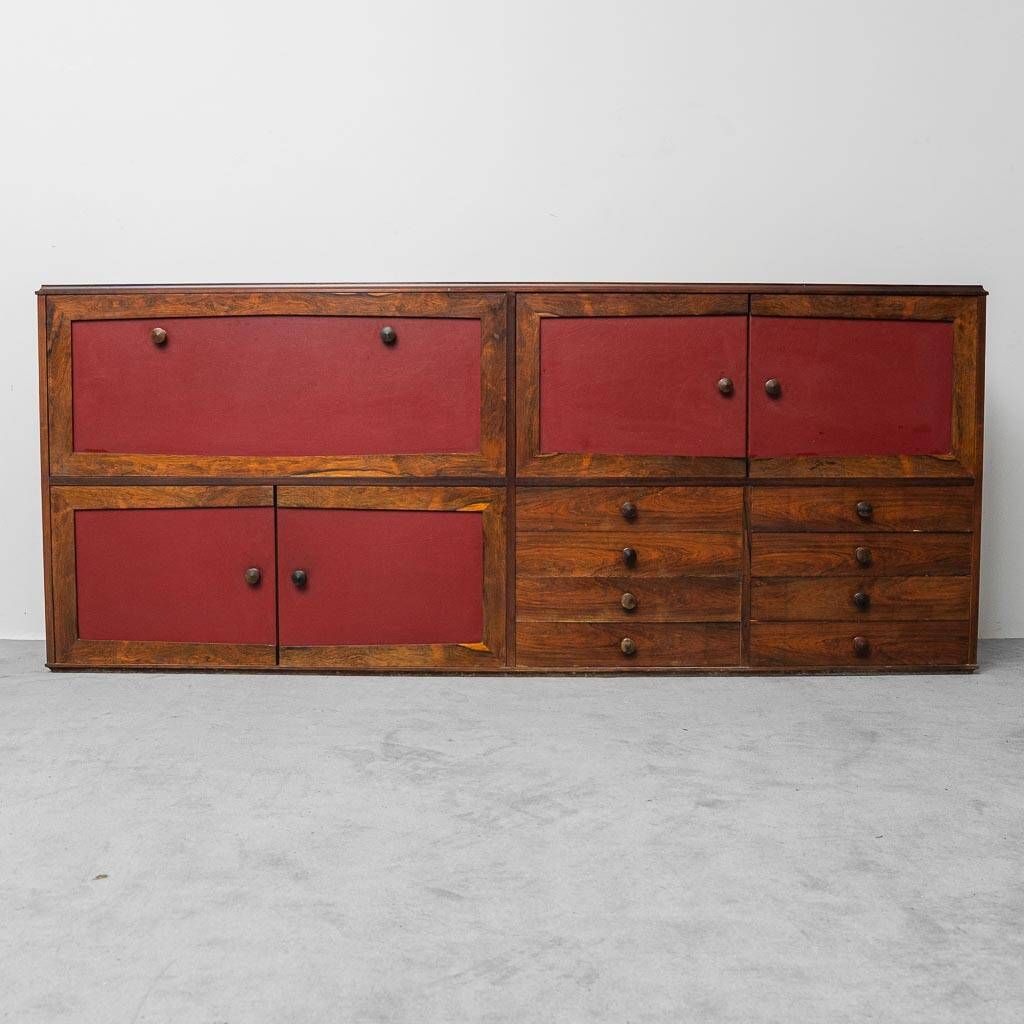 Scandinavian sideboard in dark red wood and leather, 1960s vintage modernism