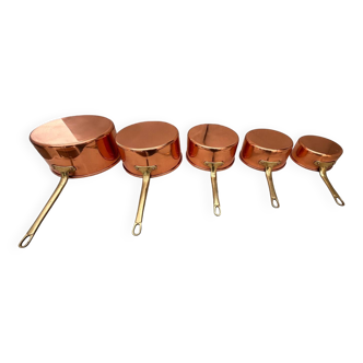 Set of 5 tinned copper saucepans