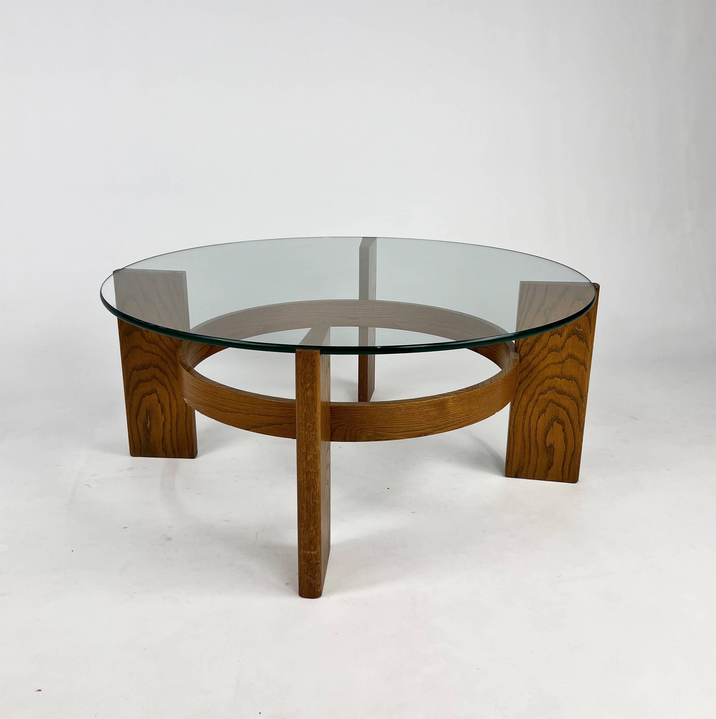 Vintage Oak and Thick Glass Coffee Table, 1960
