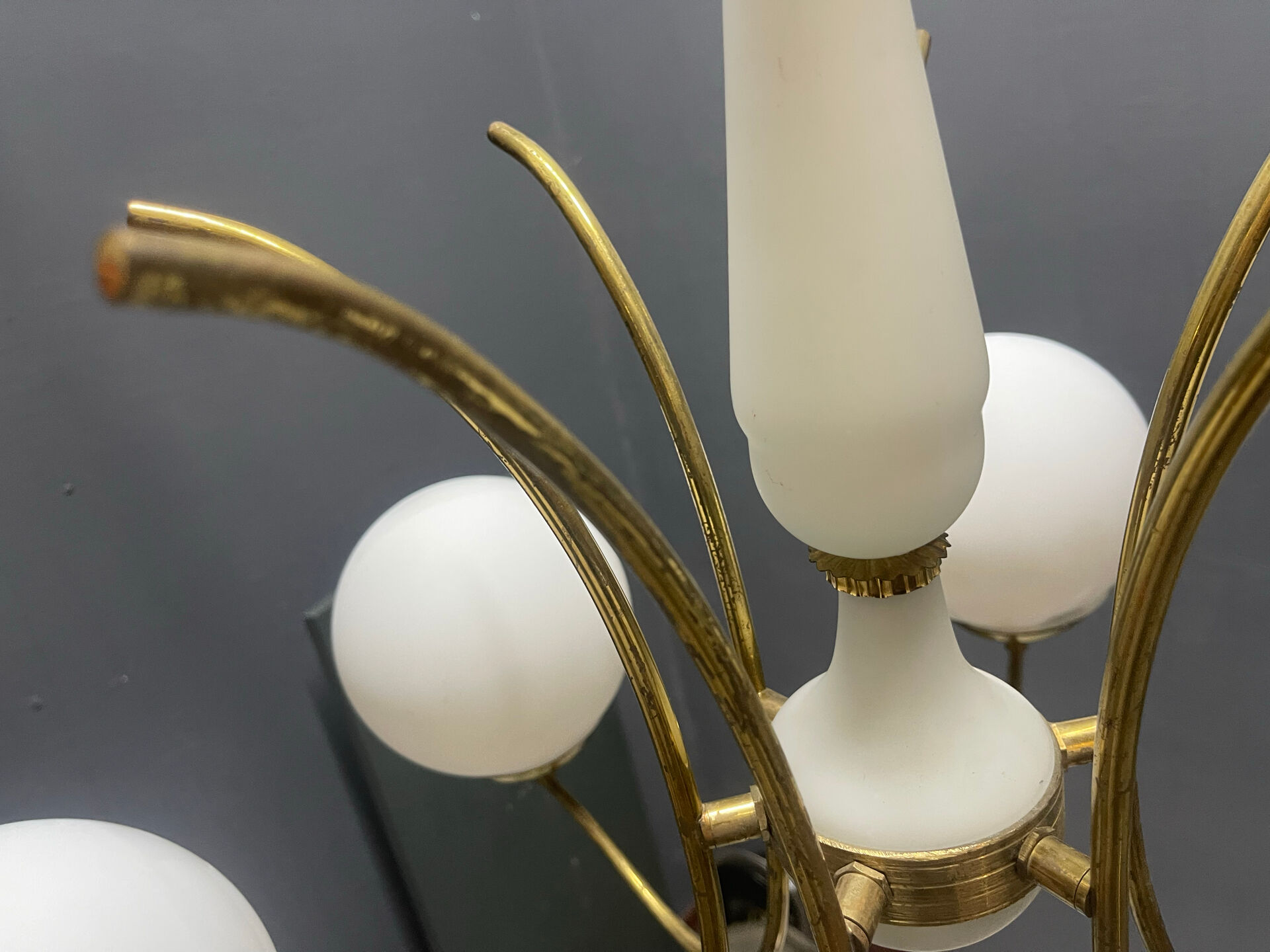 White Opaline Glass & Brass Chandelier, 1960s