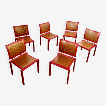 Lot 6 anciennes chaises design Dieticker Bruno Rey bois fuchsia vintage années 70