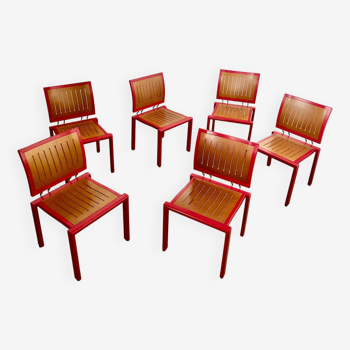 Lot 6 old Dieticker Bruno Rey design chairs in fuchsia wood, vintage 70s