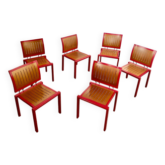 Lot 6 old Dieticker Bruno Rey design chairs in fuchsia wood, vintage 70s