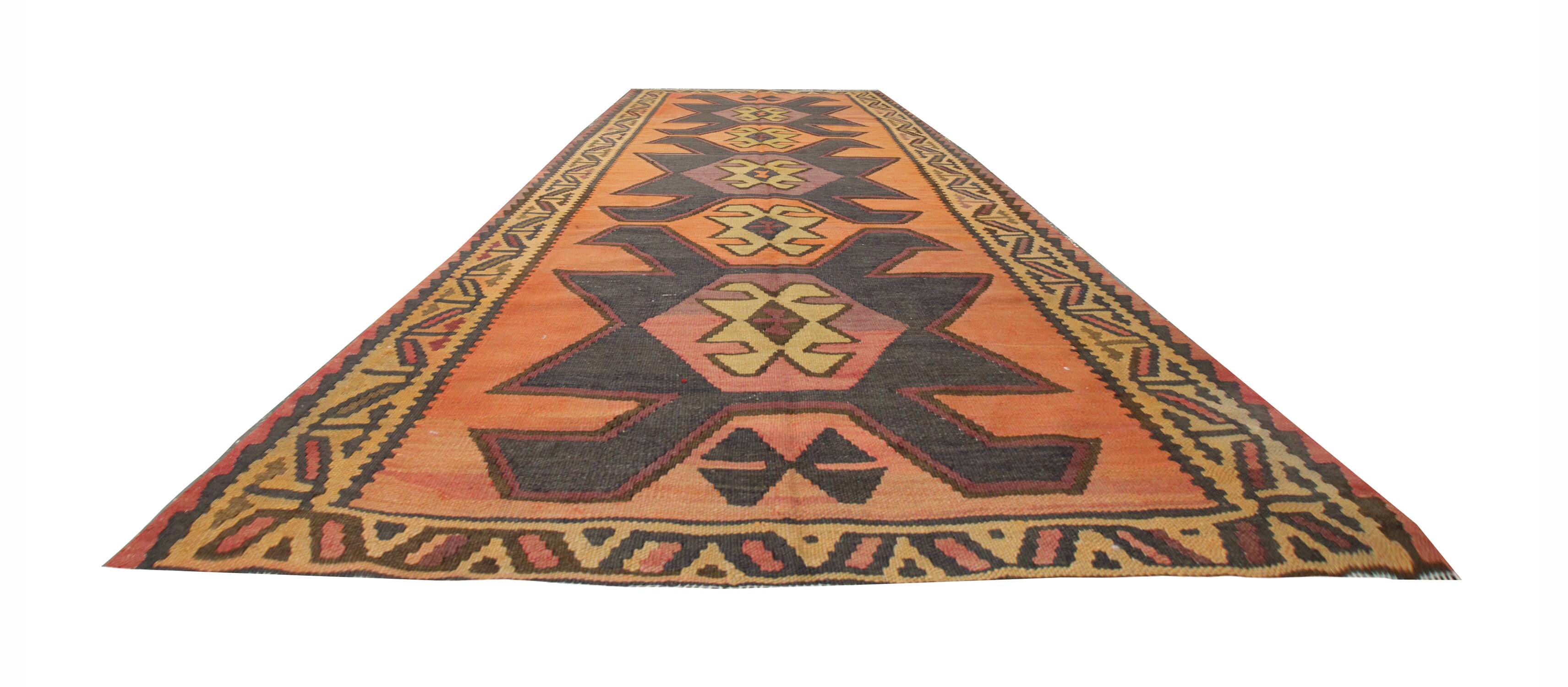 Rug & Kilim Rust Geometric Runner, Handmade Tribal Wool Flatweave, Boho Hallway Rug