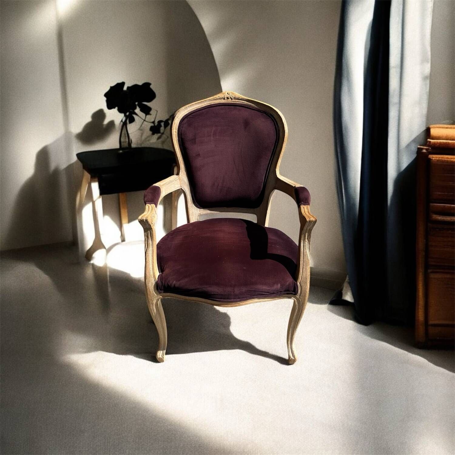 Louis XV style cabriolet armchair in burgundy velvet and carved wood