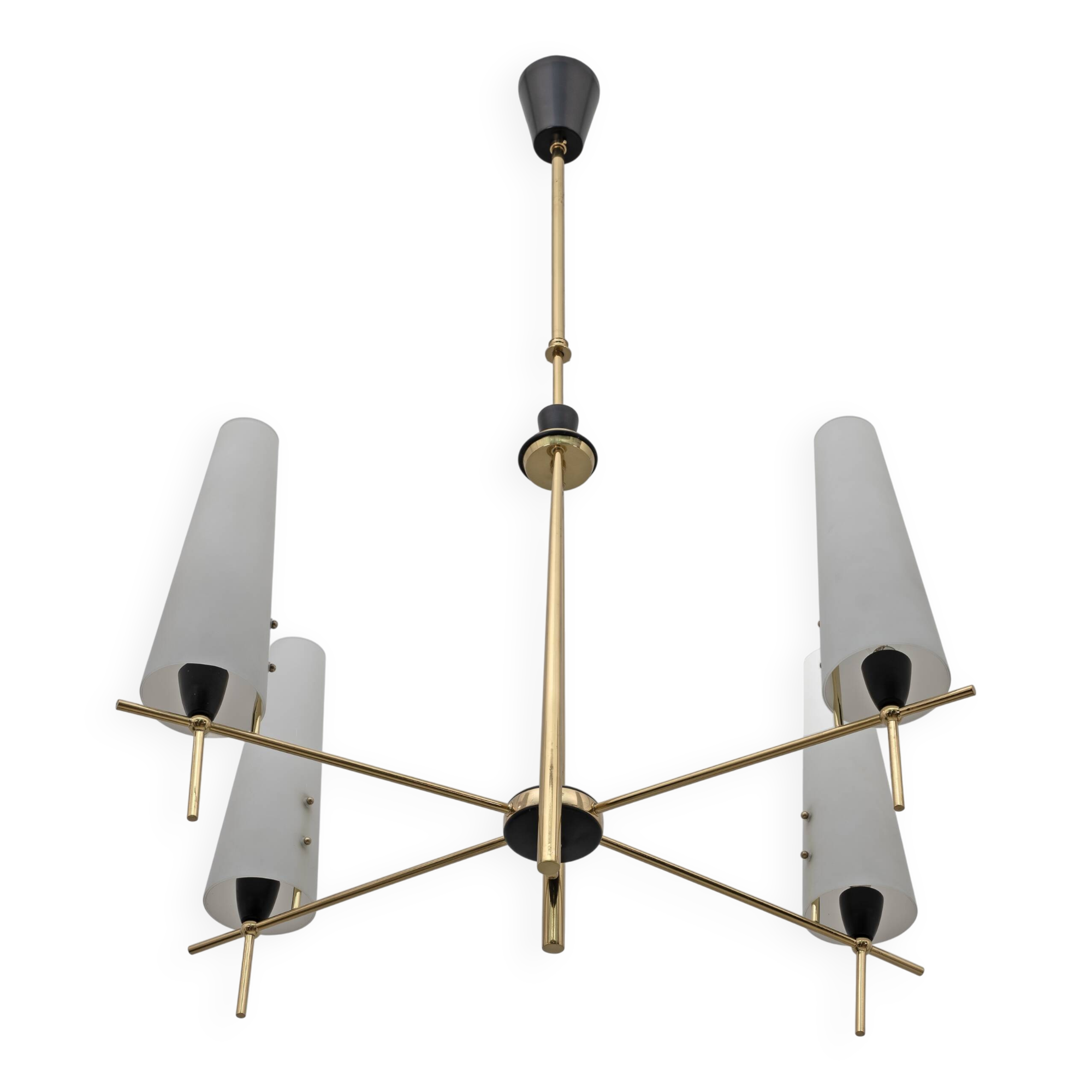 Stilnovo Style Mid-century Modern Italian Brass and Opaline Glass Chandelie