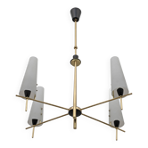 Stilnovo Style Mid-century Modern Italian Brass and Opaline Glass Chandelie