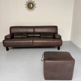 Antique buffalo leather sofa and pouf, de sede n' 18 design, from the 80s