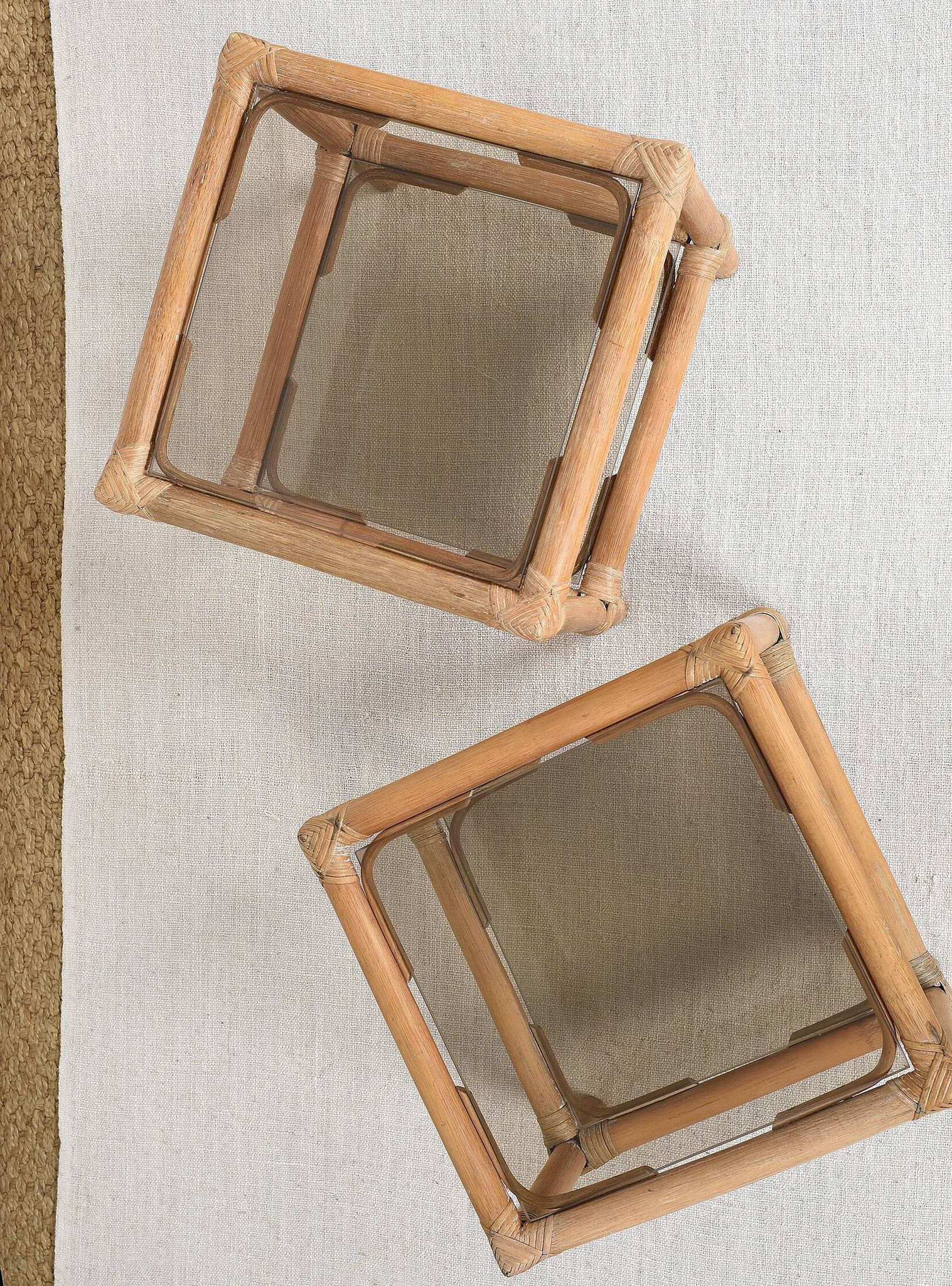 Pair of bedside tables or side tables, in rattan and smoked glass