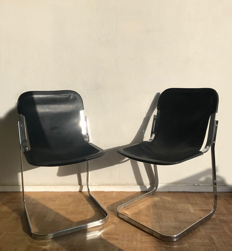 Set of 6 chairs in chrome metal and black leather - 1970