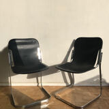 Set of 6 chairs in chrome metal and black leather - 1970