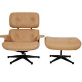 2-piece lounge chair with footstool, caramel, red leather, designed by Eames