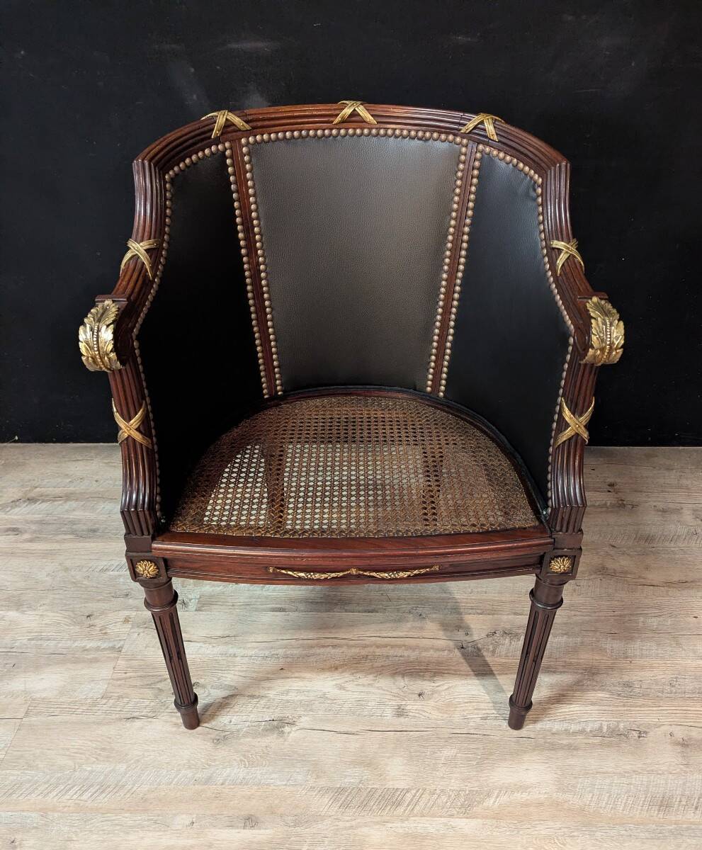 Louis XVI style office chair in mahogany and gilded bronze