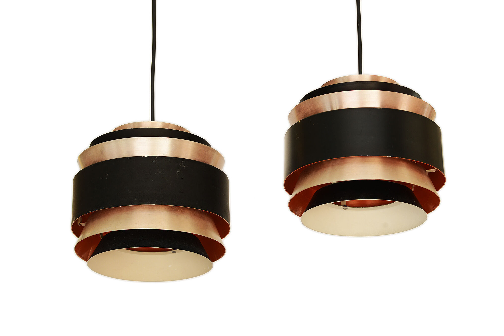 Pair of layered pendant lights in brushed aluminum. Denmark 1960s