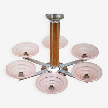 Art deco pendant light, 6-light pink glass globe chandelier, art deco wood and chrome chandelier