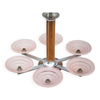 Art deco pendant light, 6-light pink glass globe chandelier, art deco wood and chrome chandelier