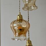 Triple vintage tulip pendant light in amber glass