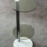 70s pedestal table in chromed metal, smoked glass and marble